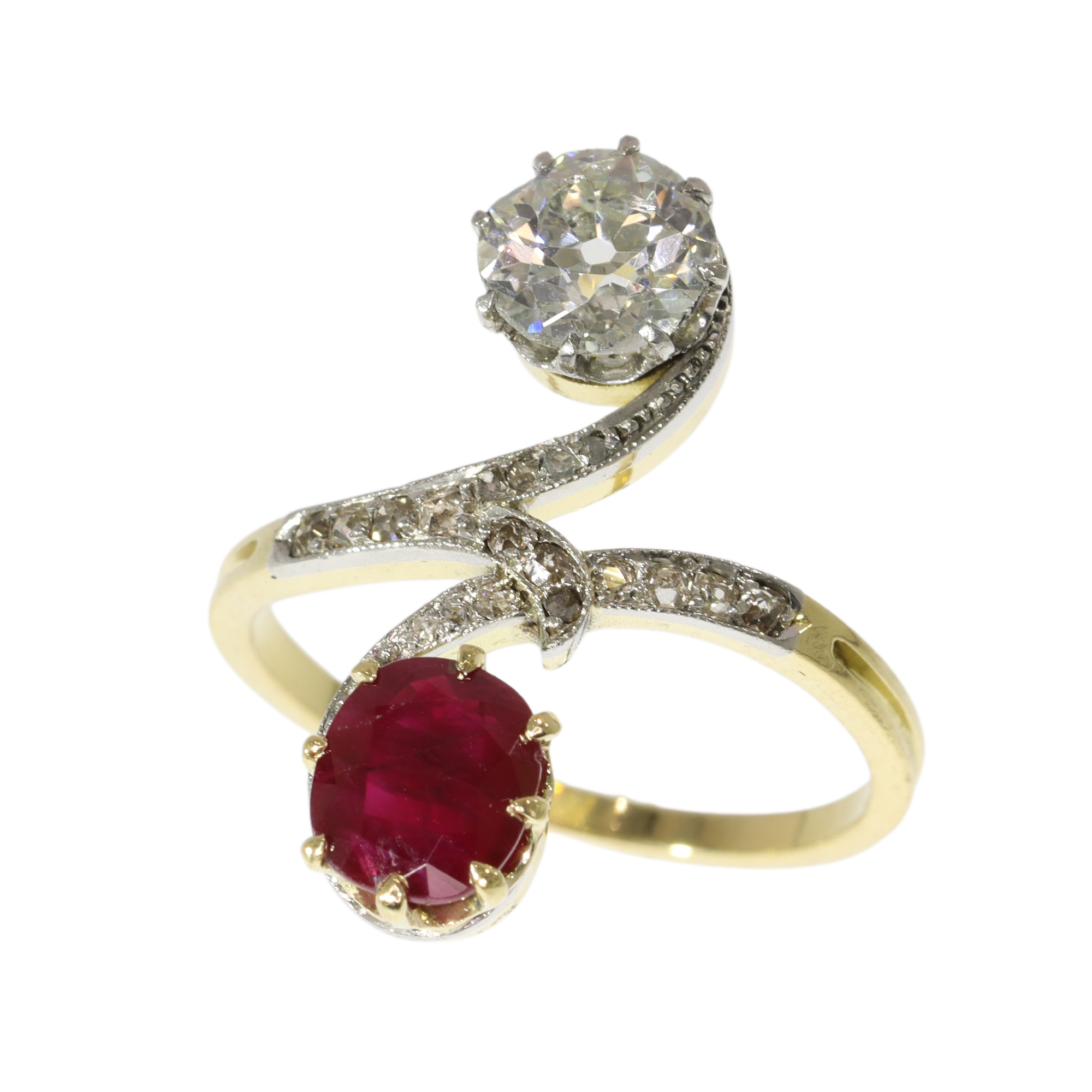 Circa 1900 Art Nouveau Toi et Moi ring with diamond, ruby, antique sparkle